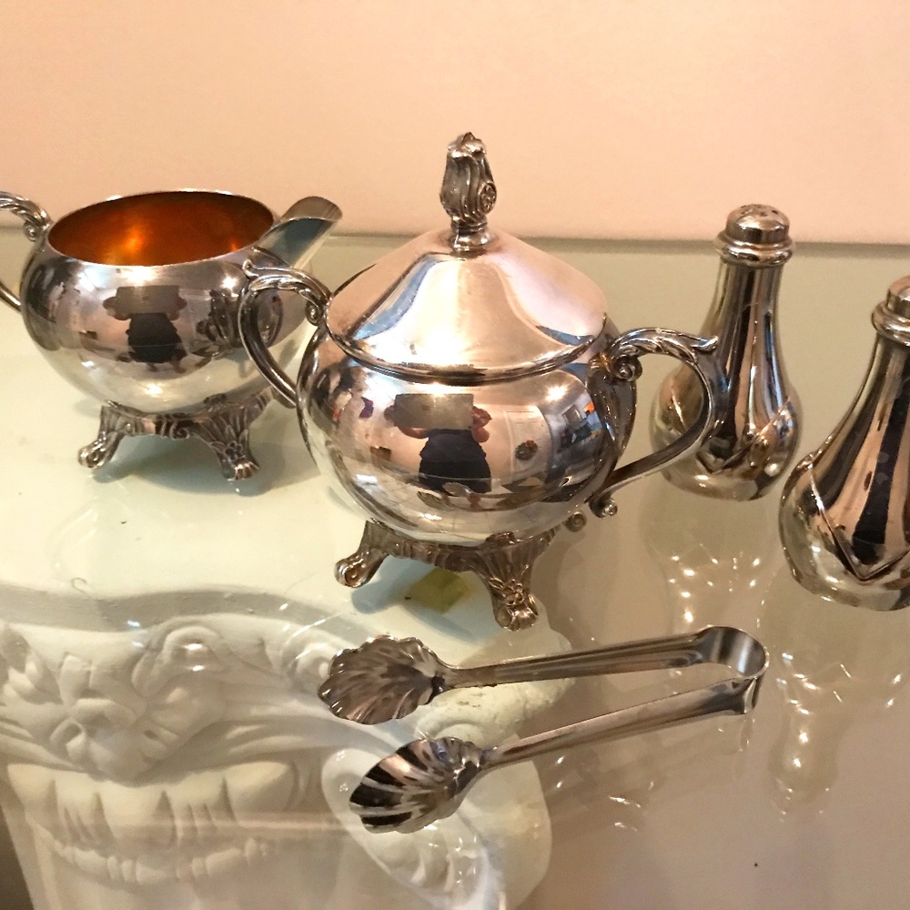 F.B.Rogers Silver Co. Cream, Sugar Bowl w/ Cube Tongs, Salt & Pepper Shaker Set